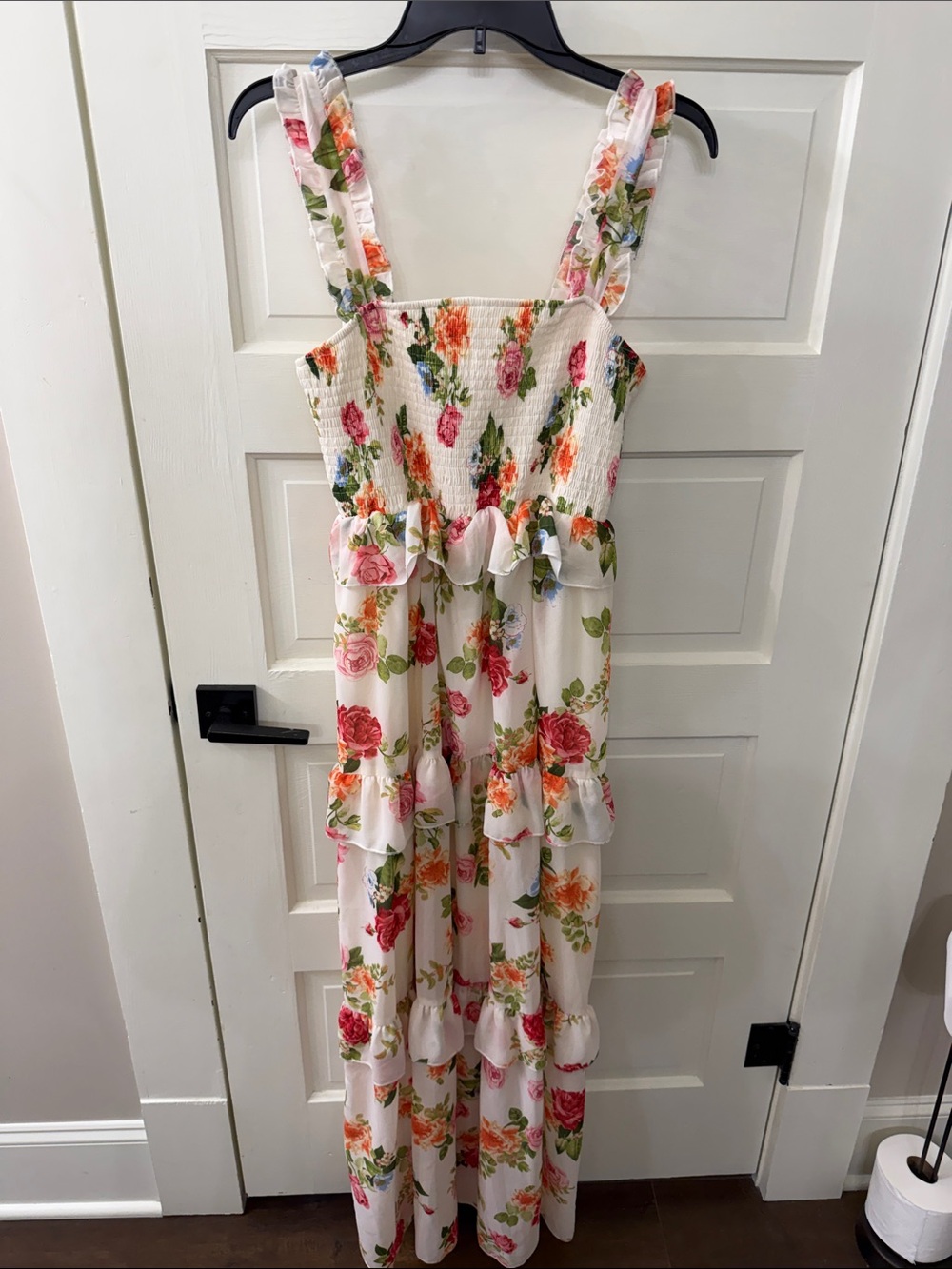 White Floral Maxi Dress with Smocked Bodice